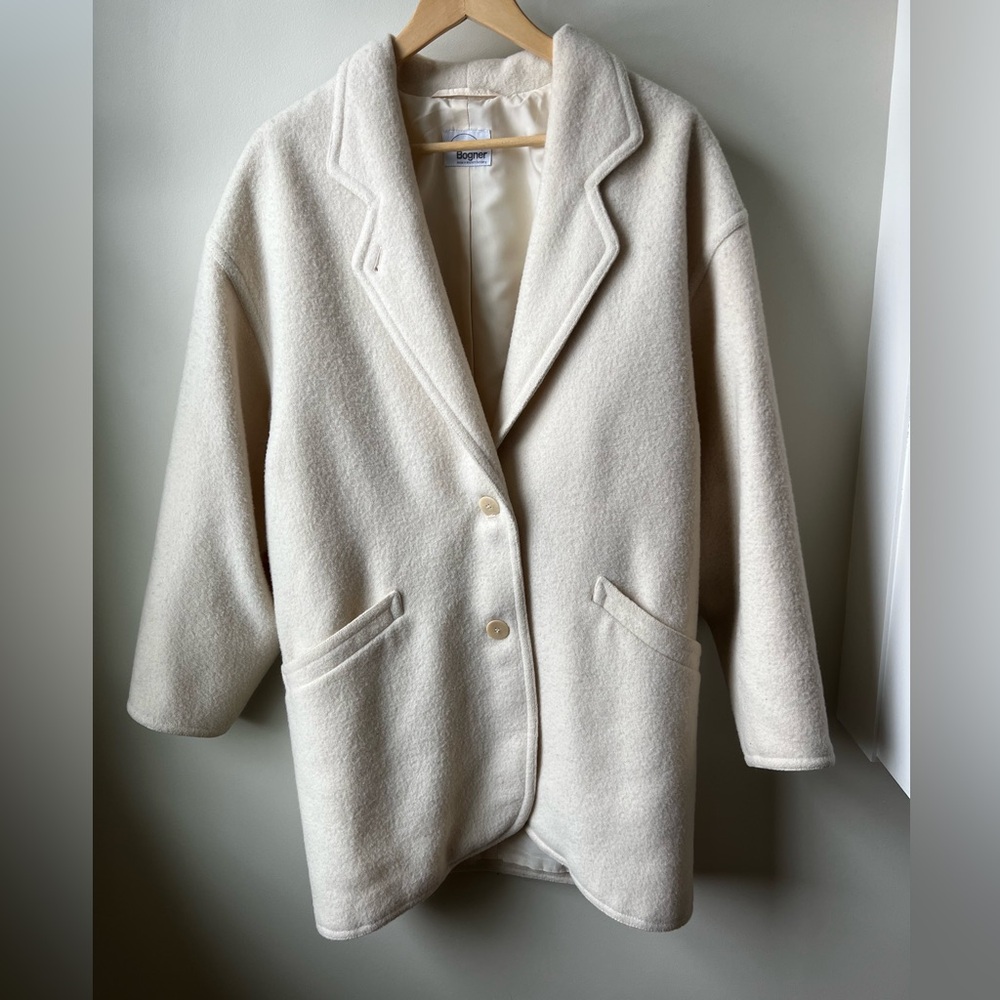 BOGNER Boiled Wool Coat Oversized Baggy Collared Jacket Relaxed Fit Cream XL
